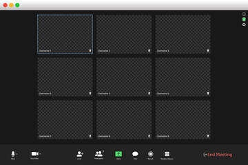 Video conferencing user interface. Video call screen interface template. Application for social communication. Video conferencing window overlay. nine users.