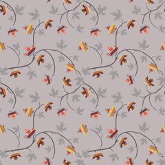 Autumn leaves background. Vector seamless pattern with maple leaf silhouettes, branches. Cute abstract ornament texture, colorful leaves on gray backdrop. Hand drawn art. Repeat design for print