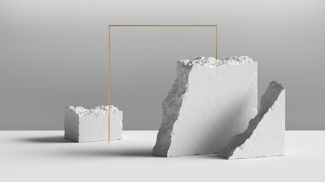 3d render, abstract background with white cobblestone blocks and golden square frame. Modern minimal showcase scene for product presentation