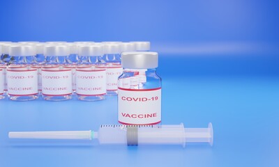 3D render of a syringe with a needle and covid-19 vaccine in a glass ampoule. Illustration of a digital image for medicine.	