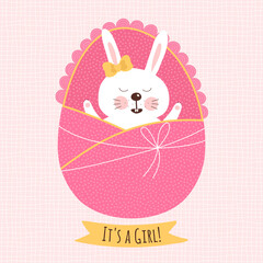 Card or invitation template with rabbit. Cartoon style. It's a girl!