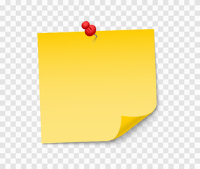Yellow sheet of note paper with red push pin. Sticky note with curl and shadow. Realistic paper sticker for your message. Design element for advertising and promotional.