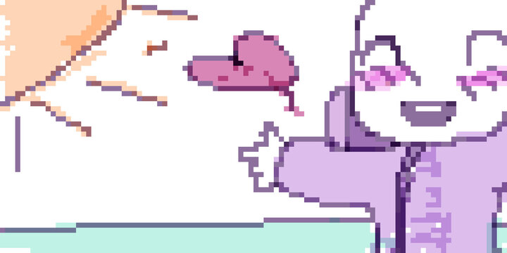 Pixel art: a smiling happy kid outdoors in a sunny day.
