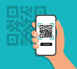 QR code scan to smartphone. Qr code for payment. Mobile phone scanning QR-code. Verification. Vector illustration.