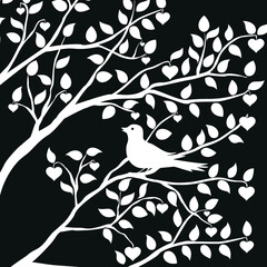 Bird sit on tree branche. Silhouett. Black flat illustration isolated on white background.