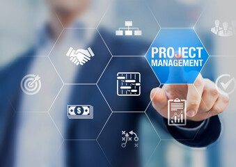 Professional project manager with icons about planning tasks and milestones on schedule, cost...