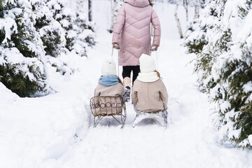 Mom rides little daughters on sled. Beautiful stylish sledding girls, sisters in winter snowy yard, park, forest. Hat, coat, scarf. Kids walking,playing outdoors.Country house,trees,snow,cold weather