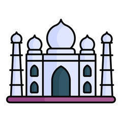 Taj mahal vector color outline icon isolated, Indian republic day icon. 