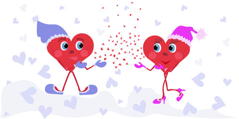Couple in love concept. Vector illustration with two heart characters as symbols of love (male and female). Funny cartoon persons in winter hats, shoes and mittens. Doodle style painting design