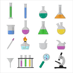 Set of science lab equipment. Beakers, flasks and test tubes for scientific experiments. Vector Illustration isolated on white background.