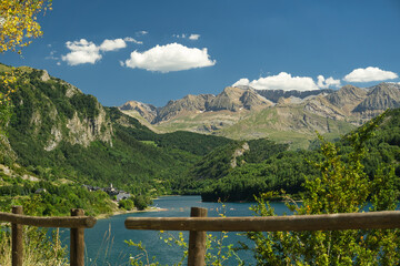 Naklejka na ściany i meble view of the Lanuza reservoir located in the Aragonese Pyrenees in the province of Huesca, Spain