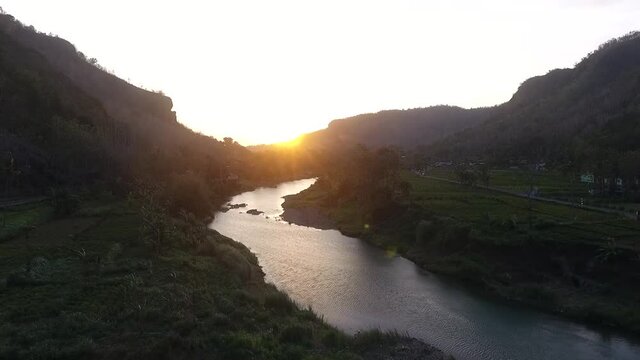 landscape drone view from the top river sunset afternoon bantul yogyakarta indonesia