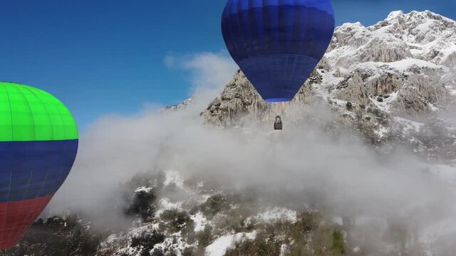 Hot air balloons in a setting of rocky mountains covered with snow. 3d render