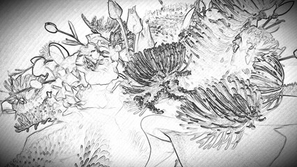 Bouquet of different flowers and plants contour drawing. 
 The original composite bouquet of different flowers, branches and decor is stylized as a black and white outline drawing. Fluffy branches of 