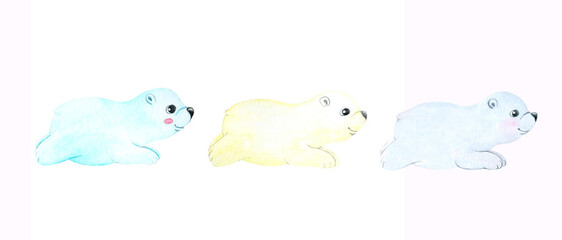 Polar bear cub of gray, pale yellow and light blue colors. Cartoon character. Watercolor illustration isolated on white background. For children's design.