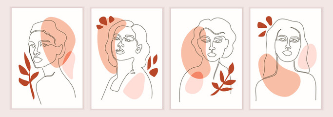 Linear modern portraits of women. Beautiful faces. Set of decorative banners for presentations, covers, flyers, textile design, marketing. Interior art posters. Vector illustration. EPS 10 