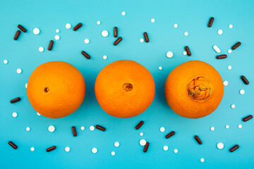 Oranges with a large navel, pills and capsules on a blue background. concept of different stages of...