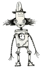 Fototapeta na wymiar Beggar robot. Steam punk character ink drawing.