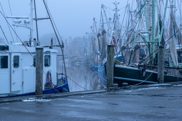 Fototapeta na wymiar Fishing boats in the wintry harbor of Greetsiel