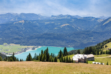 Aerial view Austrian Wolfgangsee from top Schafberg near Sankt Wolfgang