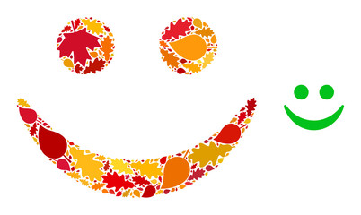 Happy Smile mosaic icon combined for fall season. Vector happy smile mosaic is constructed from random fall maple and oak leaves. Mosaic autumn leaves in bright gold, brown and red colors.