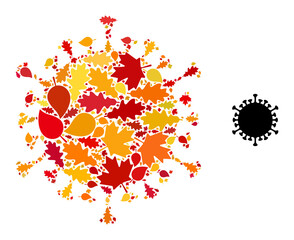 Covid mosaic icon done for fall season. Vector covid mosaic is done of randomized autumn maple and oak leaves. Mosaic autumn leaves in bright gold, brown and red colors.