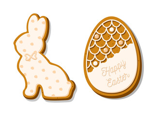 Easter cookies set in the shape of an egg and a rabbit. Homemade festive gingerbread cookies isolated on white background. Vector illustration