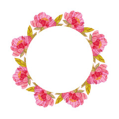 Wreath of watercolor pink peonies isolated on a white background. Floral frame for creating invitations, posters, cards. Romantic template for wedding, valentine's day.
