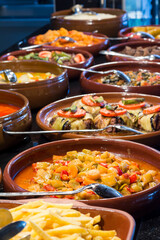 Traditional Turkish food in clay pot in a Turkish restaurant.
