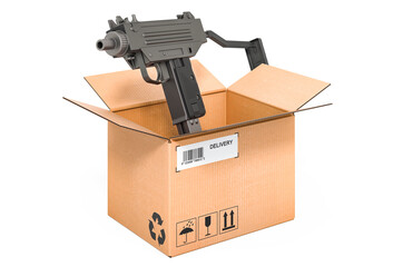 Submachine gun inside cardboard box, delivery concept. 3D rendering