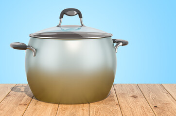 Stainless steel stock pot with glass cover on the wooden planks, 3D rendering