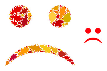 Sad Smiley mosaic icon created for fall season. Vector sad smiley mosaic is constructed of random fall maple and oak leaves. Mosaic autumn leaves in bright gold, brown and red colors.