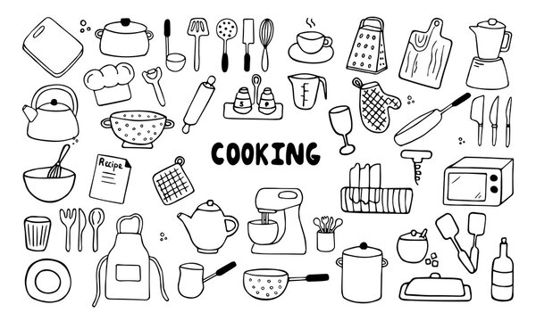 Set of kitchen tools doodles. Hand drawn kitchen equipments. Vector illustration on white background. Vector illustration for restaurant menu, recipe book, and wallpaper.