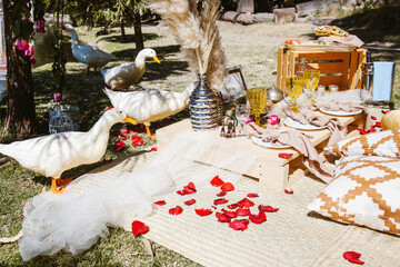 picnic for a romantic date in Valentines day in a forest and lake in Latin America