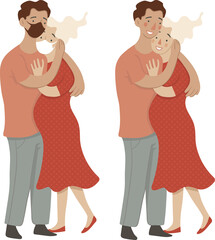 Young stylish couple man and pregnant woman giving a hug, wearing mask, vector illustration, isolated on white