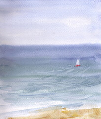 Hand-drawn watercolor painting seascape with sailboat, clear day.