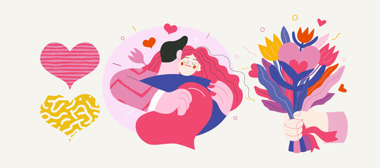 Embracing couple - Valentines day graphics. Modern flat vector concept illustration - a young hetoresexual couple hugging. Woman holds a big heart and soft. Cute characters in love concept