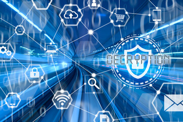 Double exposure of wireless technology big data connection and abstract motion blurred of subway futuristic background