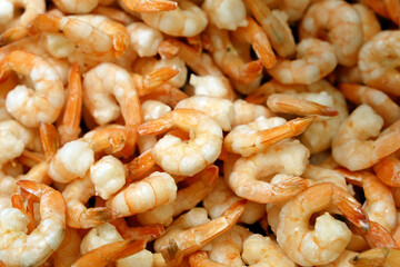 Red shrimps close up. Prawns on fish market, background for fishing industry