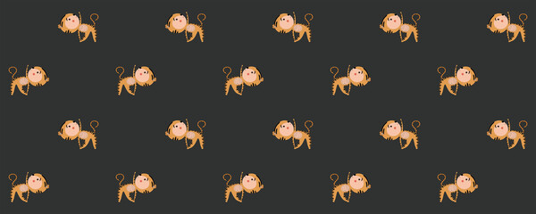 Seamless pattern with cute cartoon tiger cubs practicing Trikonasana - triangle pose and turned in different directions from yoga on a black background. Vector.