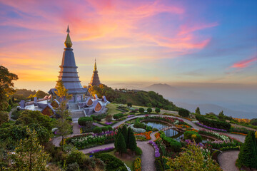 Naklejka premium Beautiful view of two pagoda on mount Inthanon, Inthanon national park, Chiangmai province, Thailand