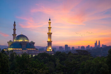 Tranquil scene of public mosque, Wilayah persekutuan mosque at sunrise in Kuala Lumpur, Malaysia