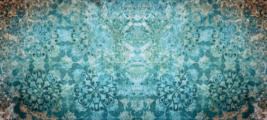 Old aquamarine turquoise vintage shabby damask floral flower patchwork tiles stone concrete cement wallwallpaer texture background banner - obrazy, fototapety, plakaty