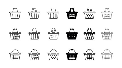 Set of 18 different pieces of shopping cart icons. Same thickness and different design for online store. Collection icons from various basket icons of various shapes. Online store symbols. Line style.