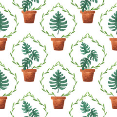 Watercolor monstera houseplant damask seamless pattern. Hand drawn tropical summer background for wrapping paper, fabric print.