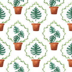 Watercolor monstera houseplant damask seamless pattern. Hand drawn tropical summer background for wrapping paper, fabric print.