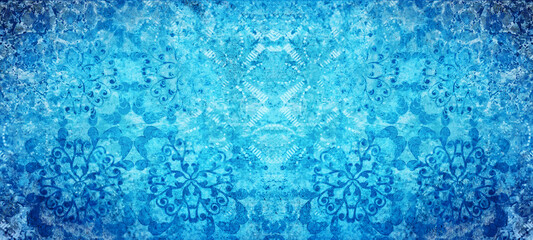 Fototapeta na wymiar Old blue indigo vintage shabby damask floral flower patchwork tiles stone concrete cement wallwallpaer texture background banner