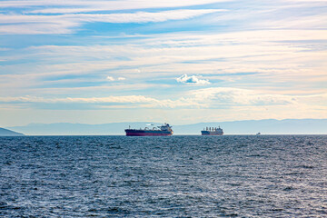 Ships are moored in the Black Sea waiting for passage through the Bosphorus Strait