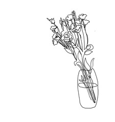 Linear drawing of a bouquet of eustomas in a glass vase. Contour drawing on a white background.