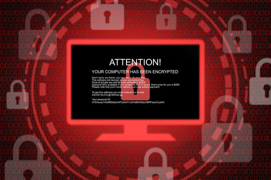 Malware, Ransomware and virus infected alert on red screen background. concept of data-encryption and virus infection and internet security